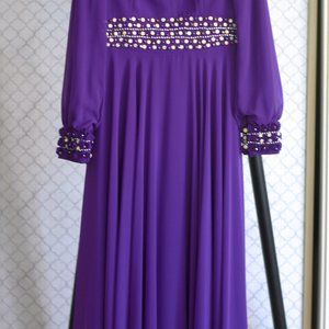 Modest Purple Beaded Gown with Neck and Sleeve Detail, Size 42